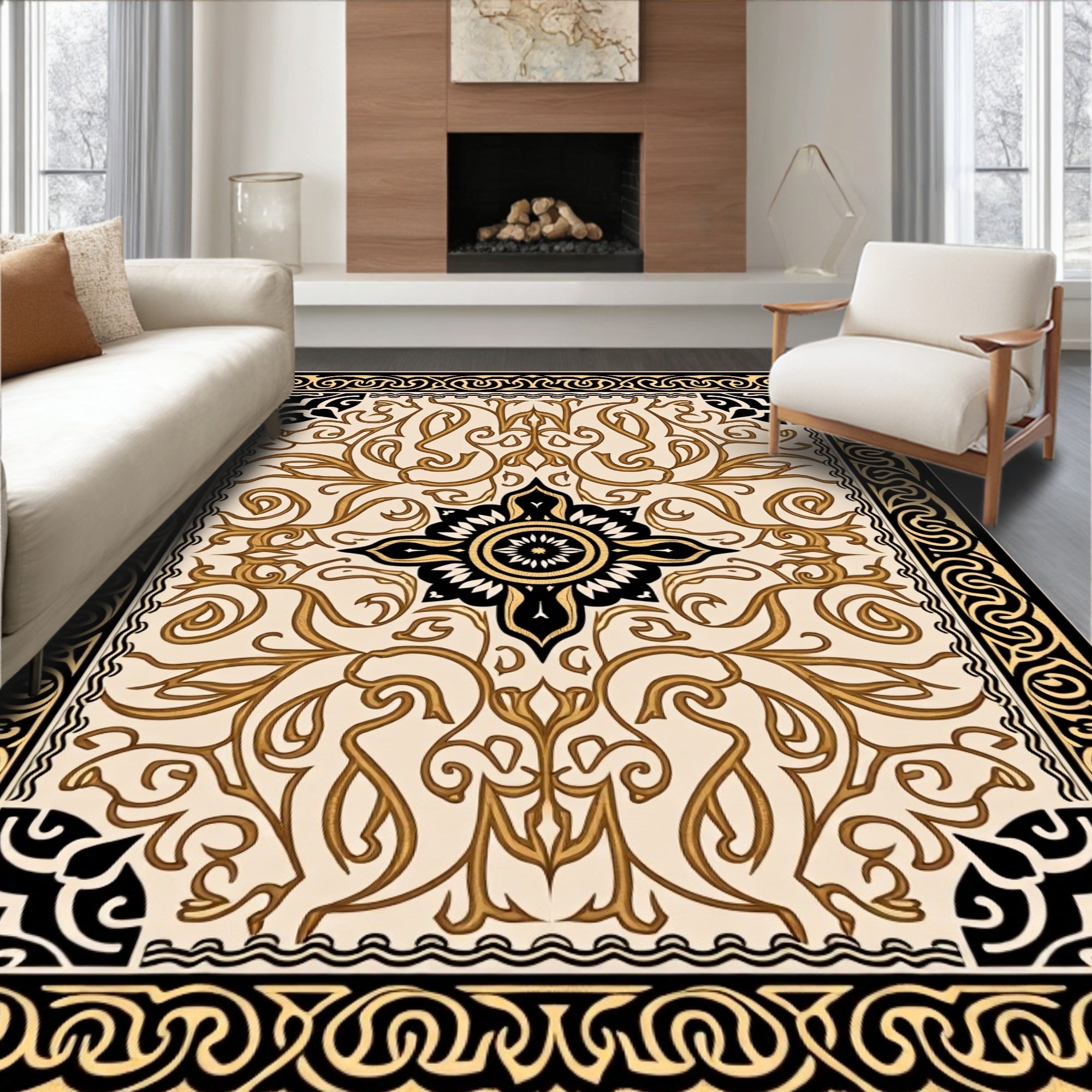 Antique Gold Floral Bordered Cream Rug