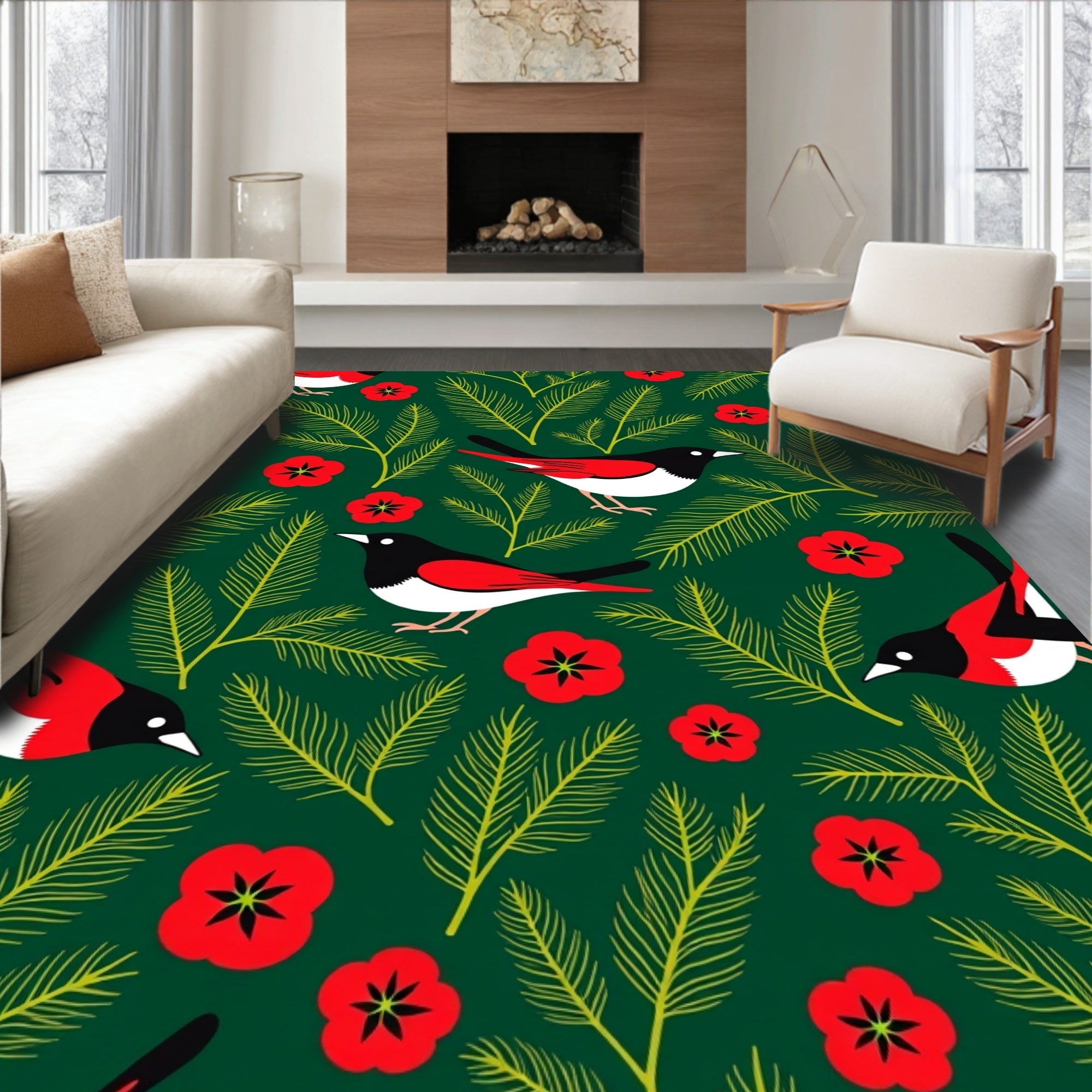 Charming Red Bird Evergreen Forest Rug