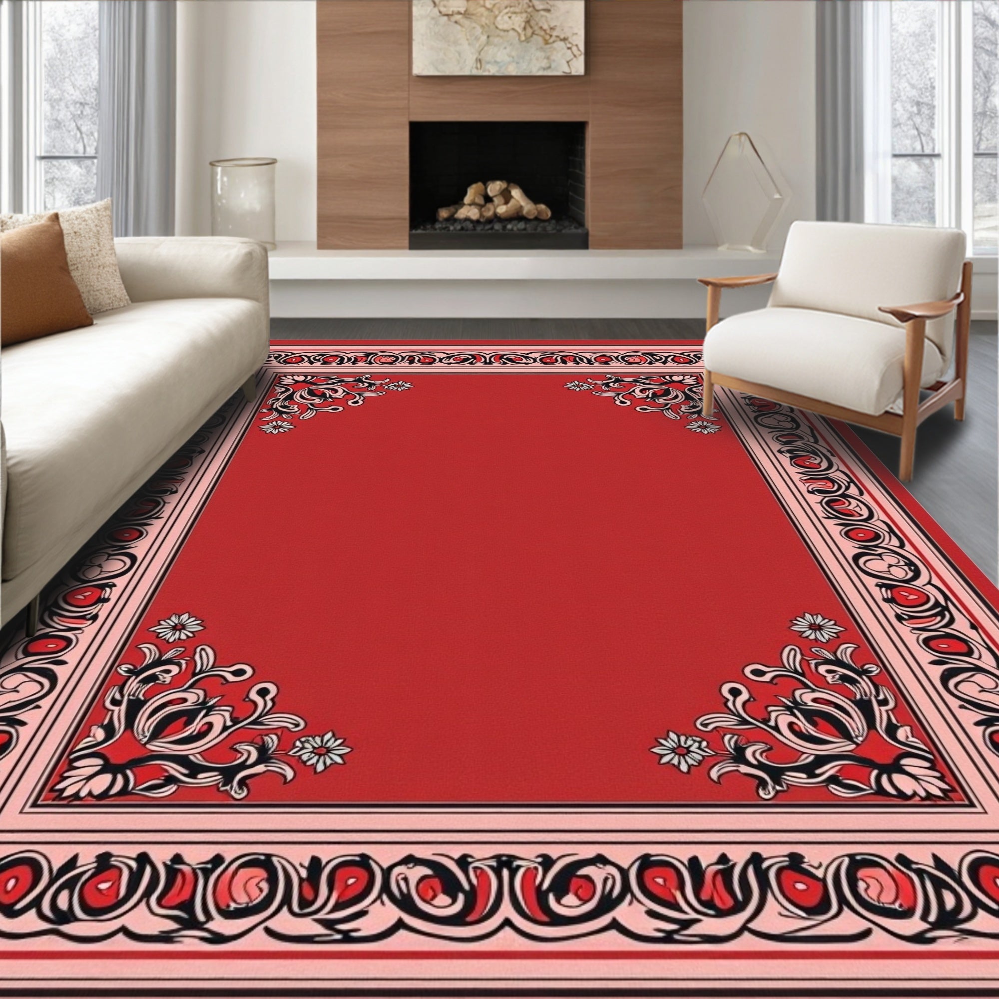 Crimson Floral Scroll Border Rug