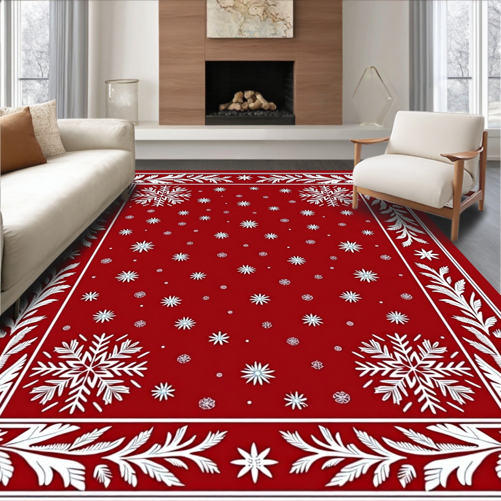 Rich Red Festive Snowflake Scatter Rug
