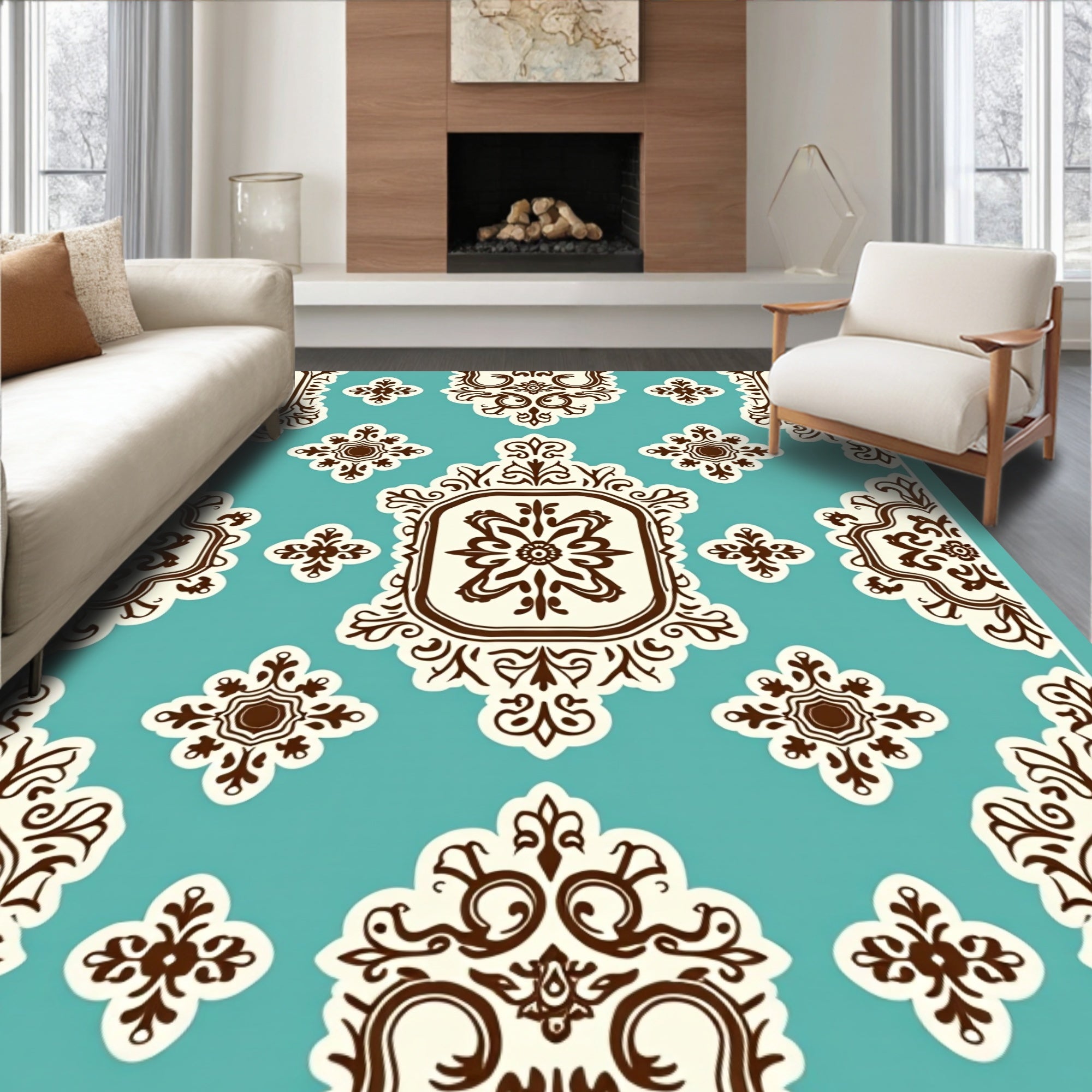 Vintage Cream and Teal Damask Medallion Rug