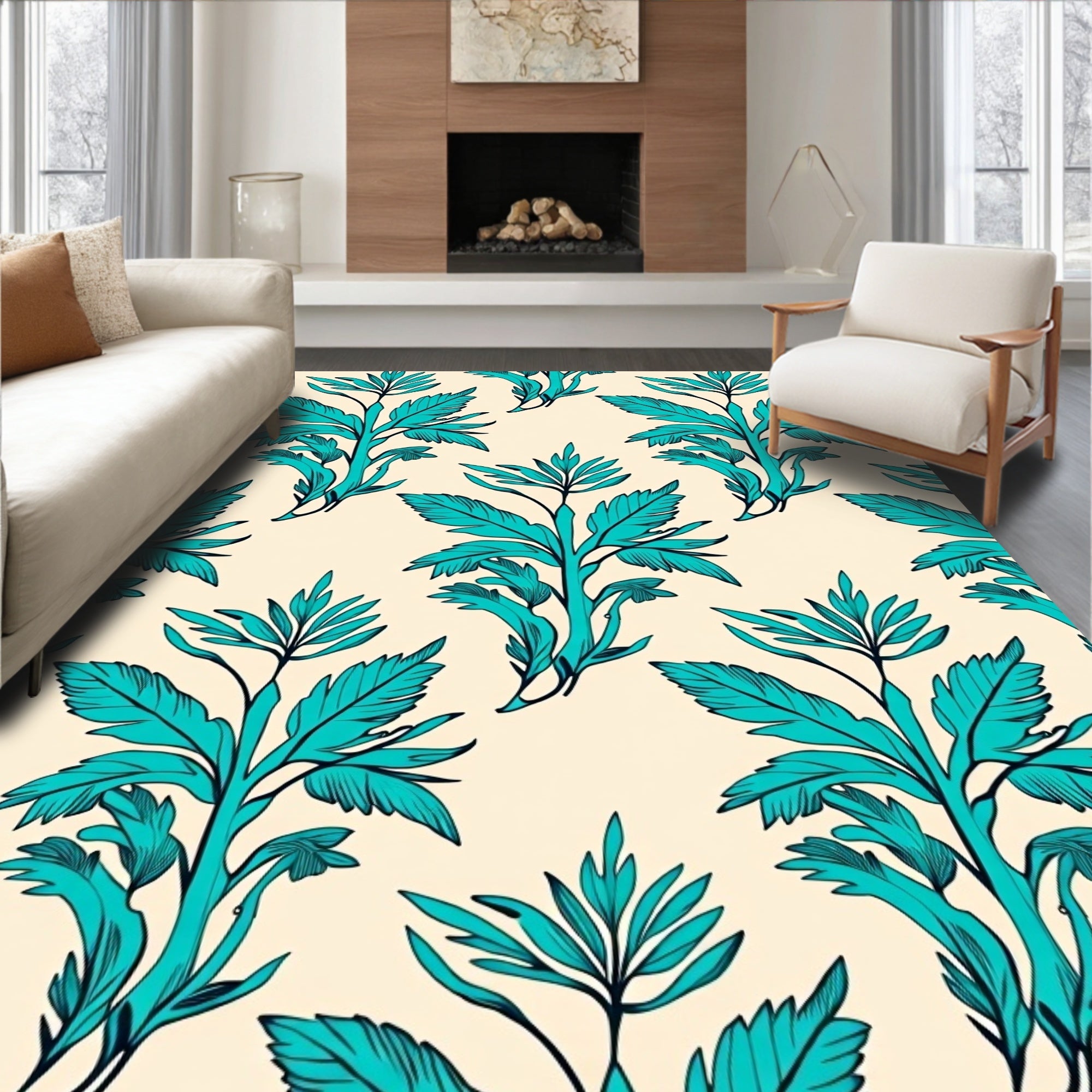 Teal Branch Botanical Cream Background Rug