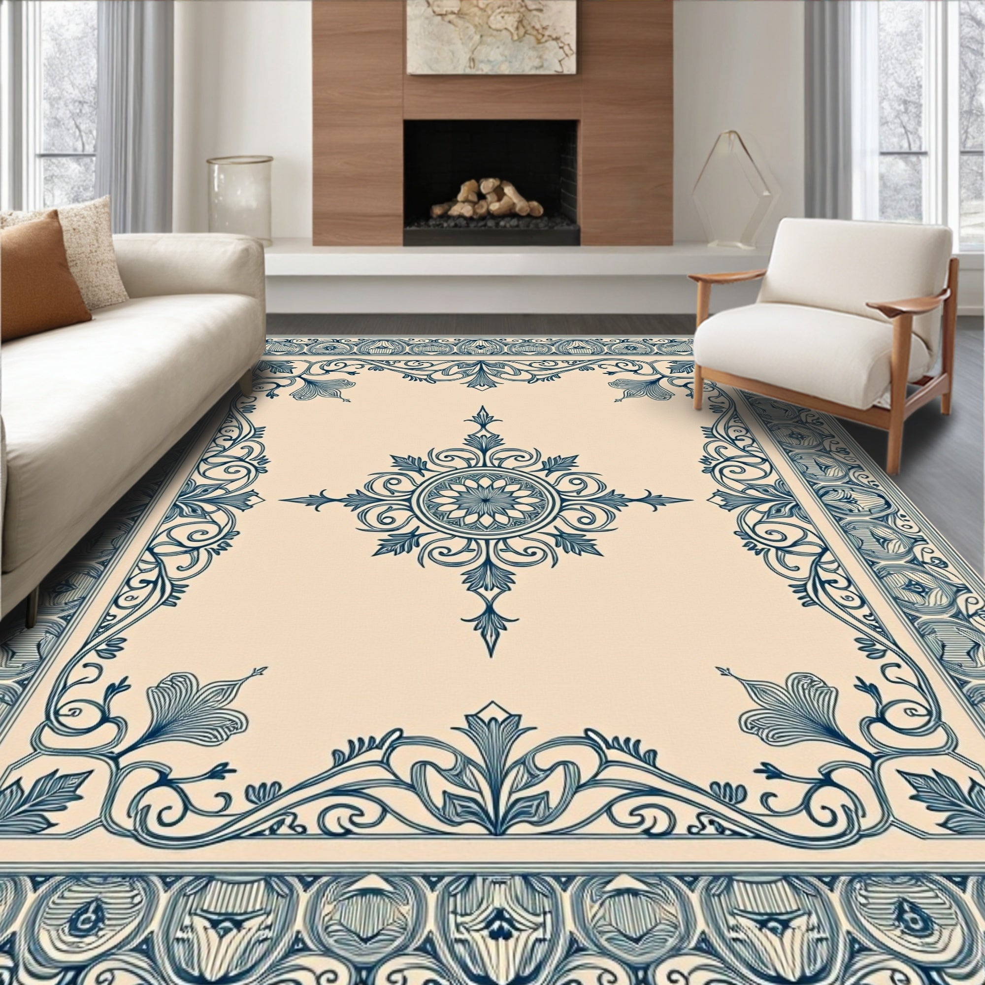 Navy Blue Floral Medallion Border Rug