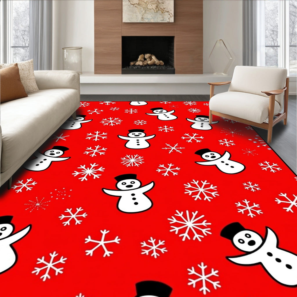Festive Snowman Snowflake Red Rug