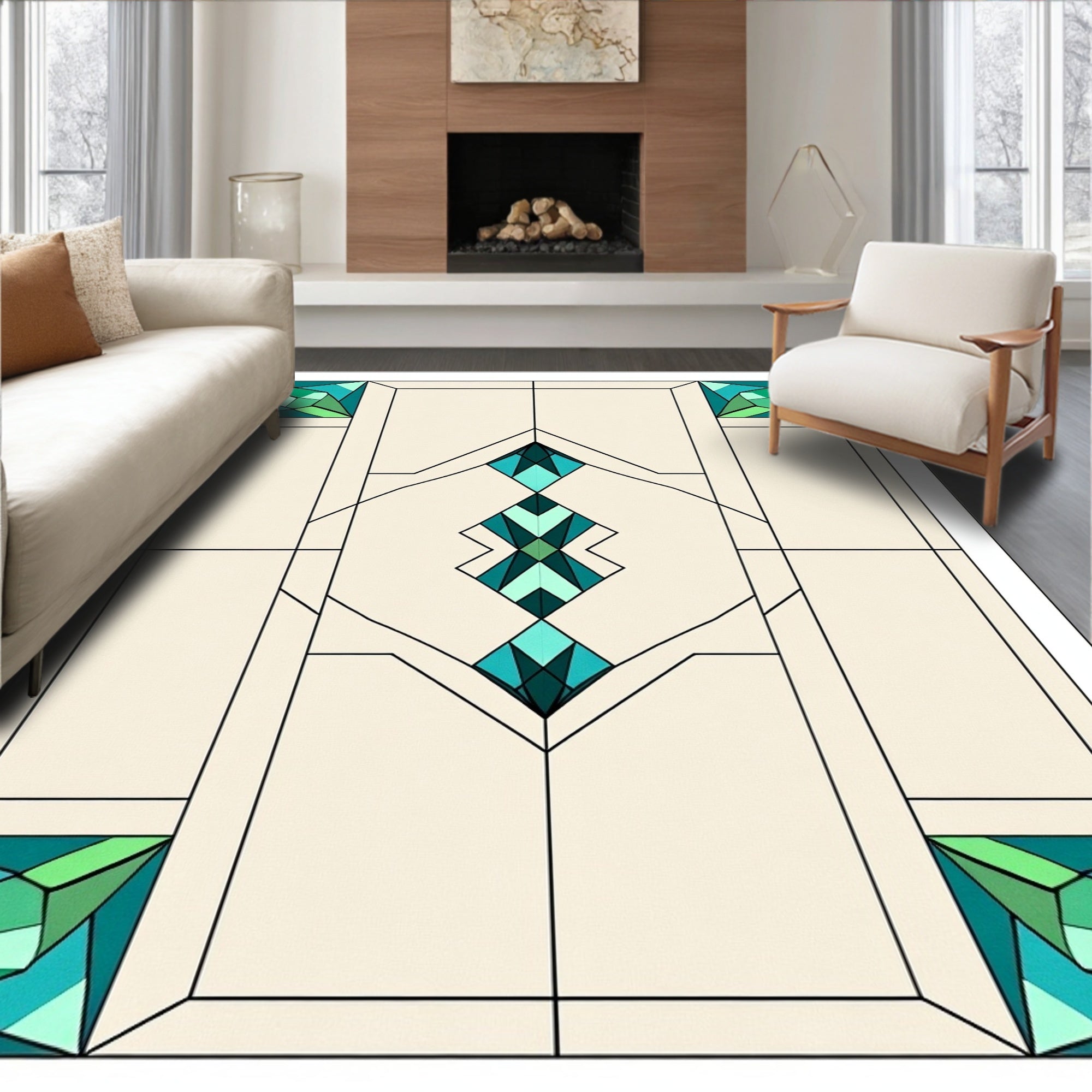 Green Teal Geometric Glass Panel Rug