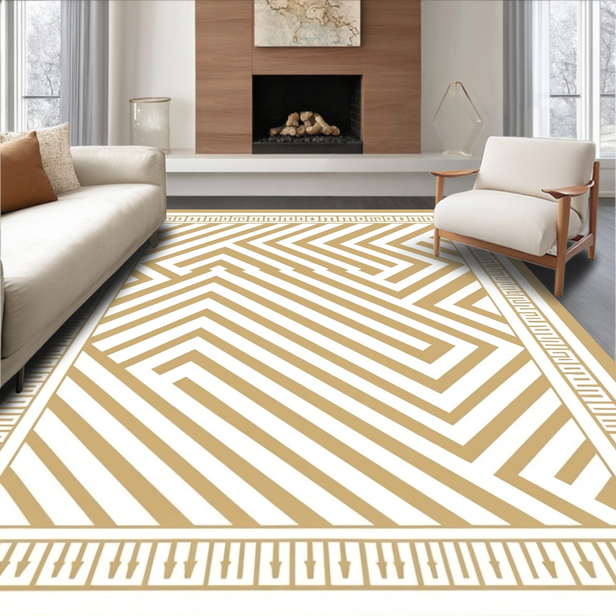 Golden White Geometric Maze Rug