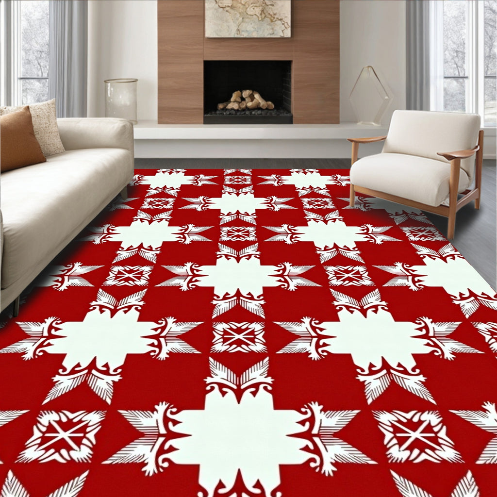 Classic Red White Geometric Crest Rug