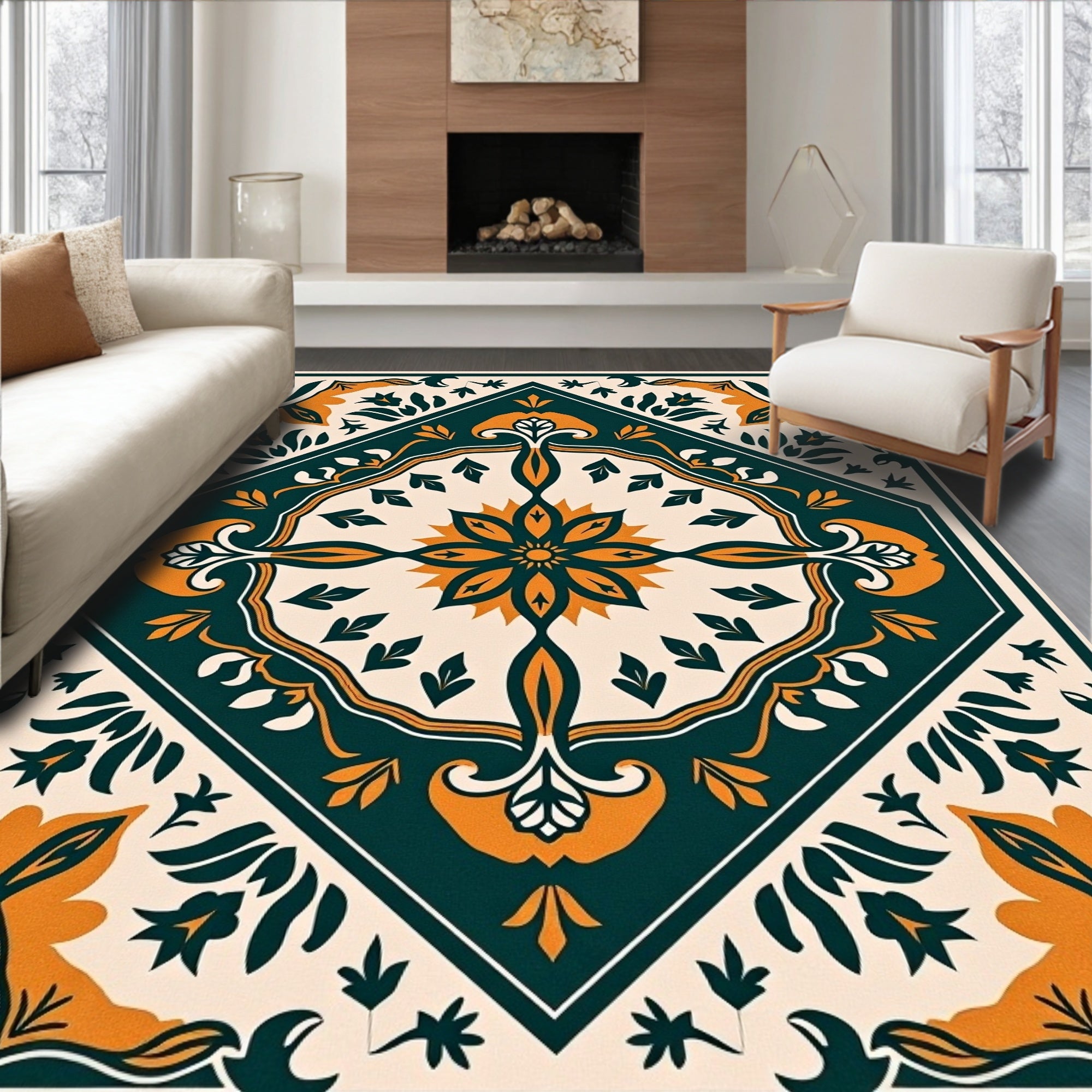 Emerald Orange Floral Medallion Garden Rug