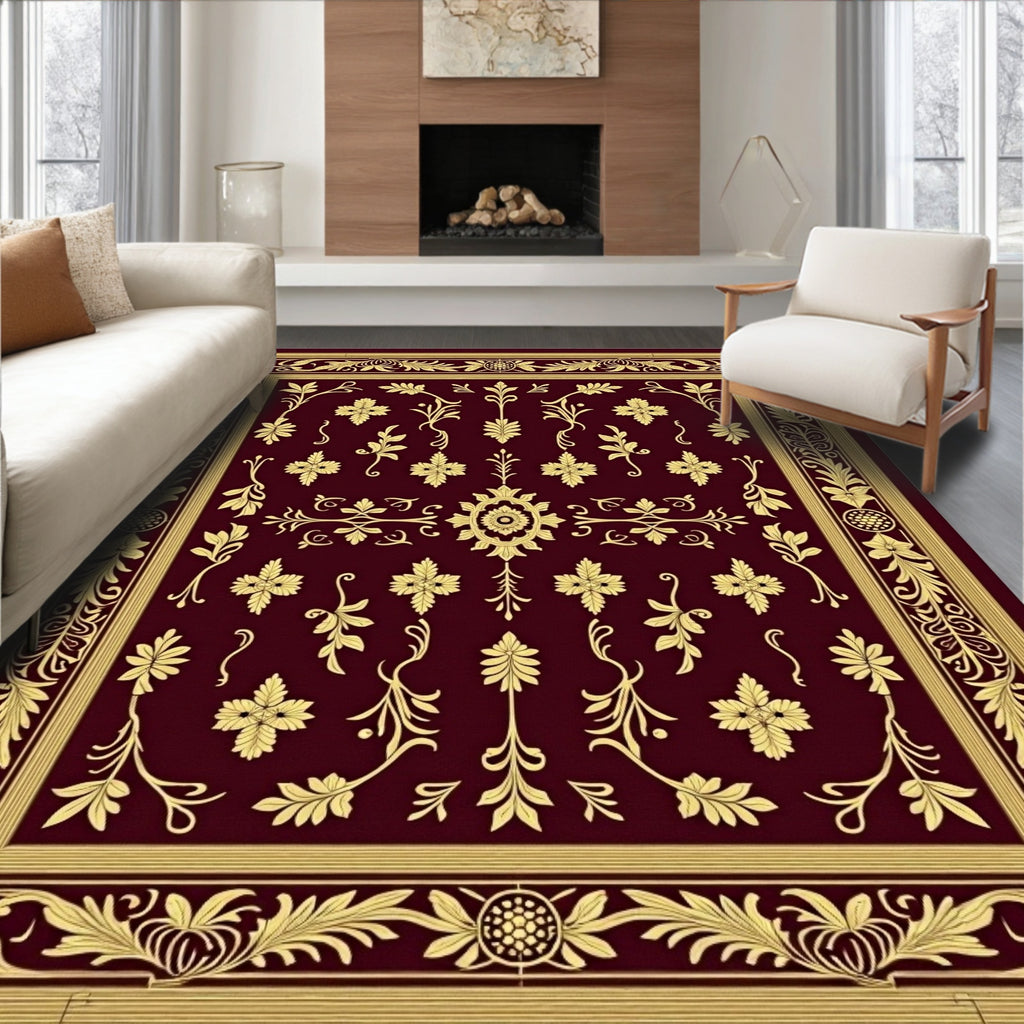 Crimson Gold Floral Scroll Border Rug