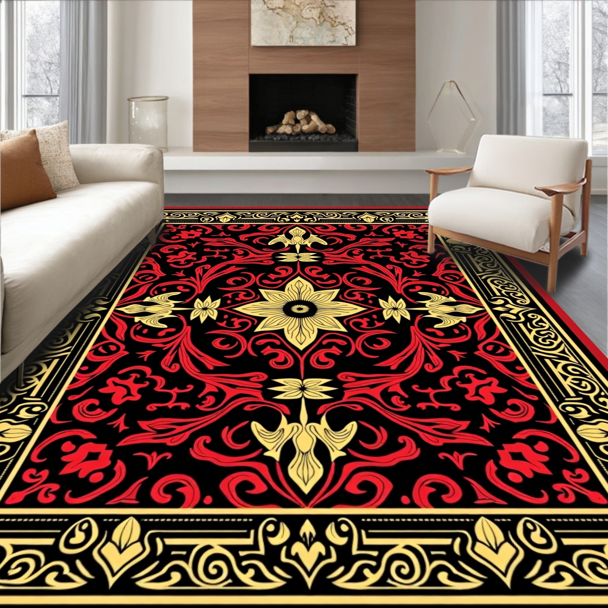 Bold Red Yellow Floral Jacobean Rug