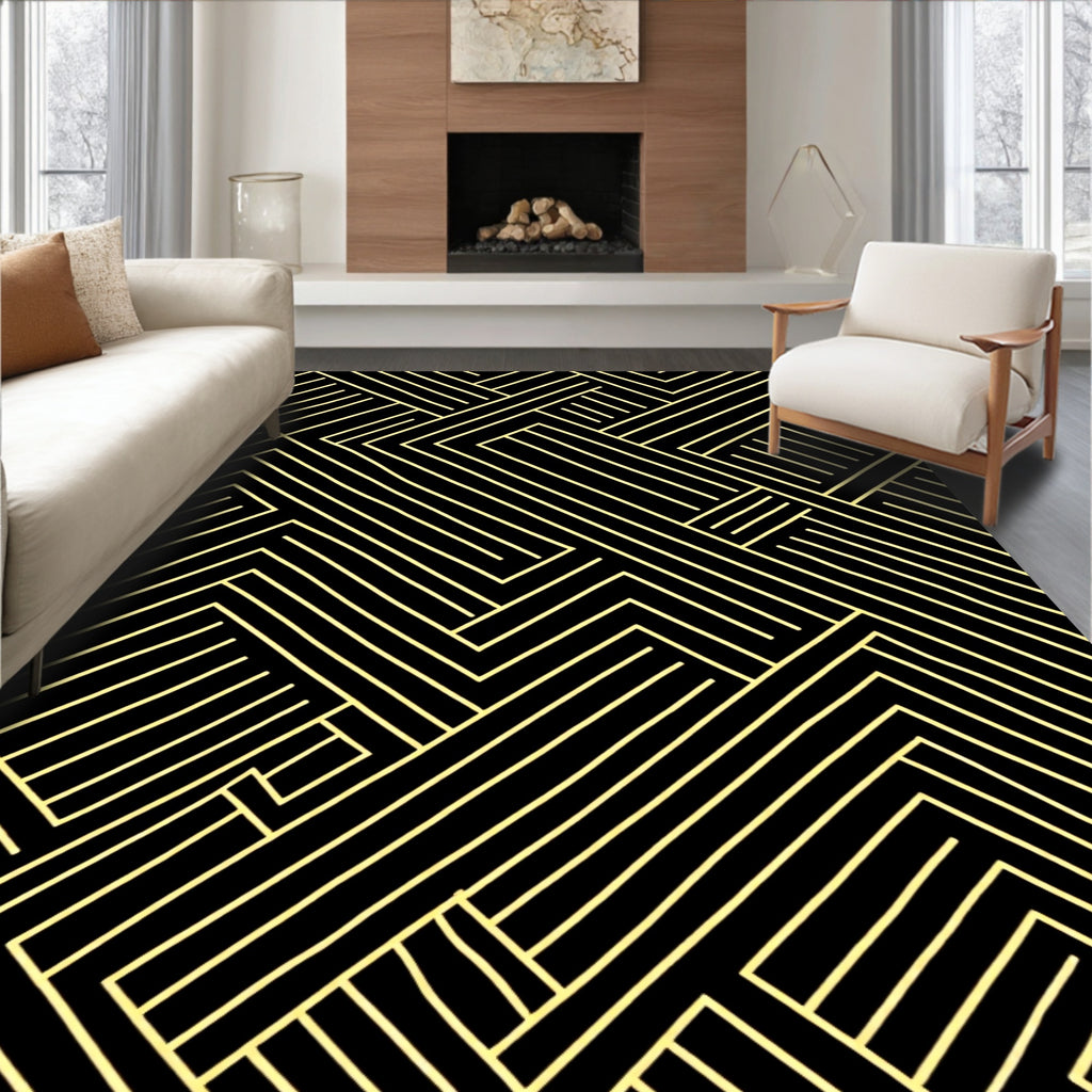 Golden Black Geometric Interlocking Lines Rug