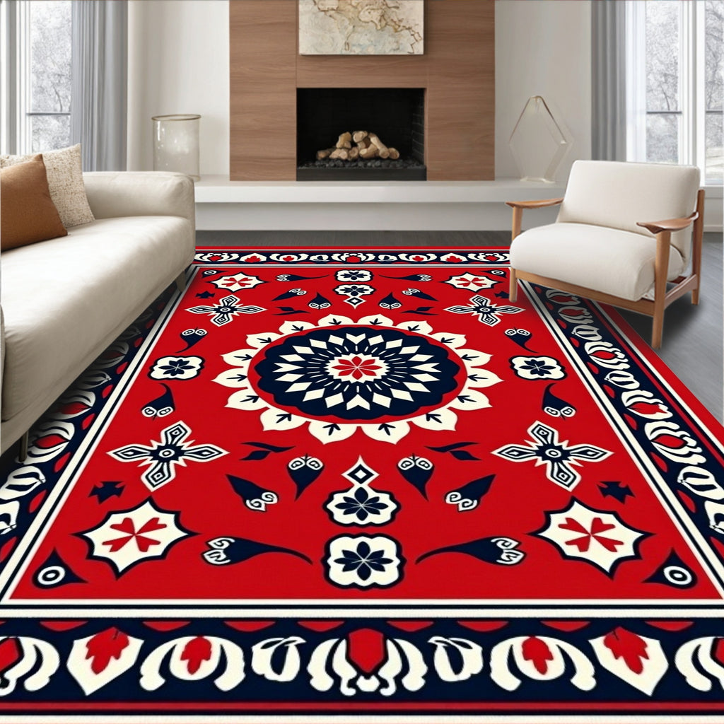 Crimson Navy White Medallion Motif Rug