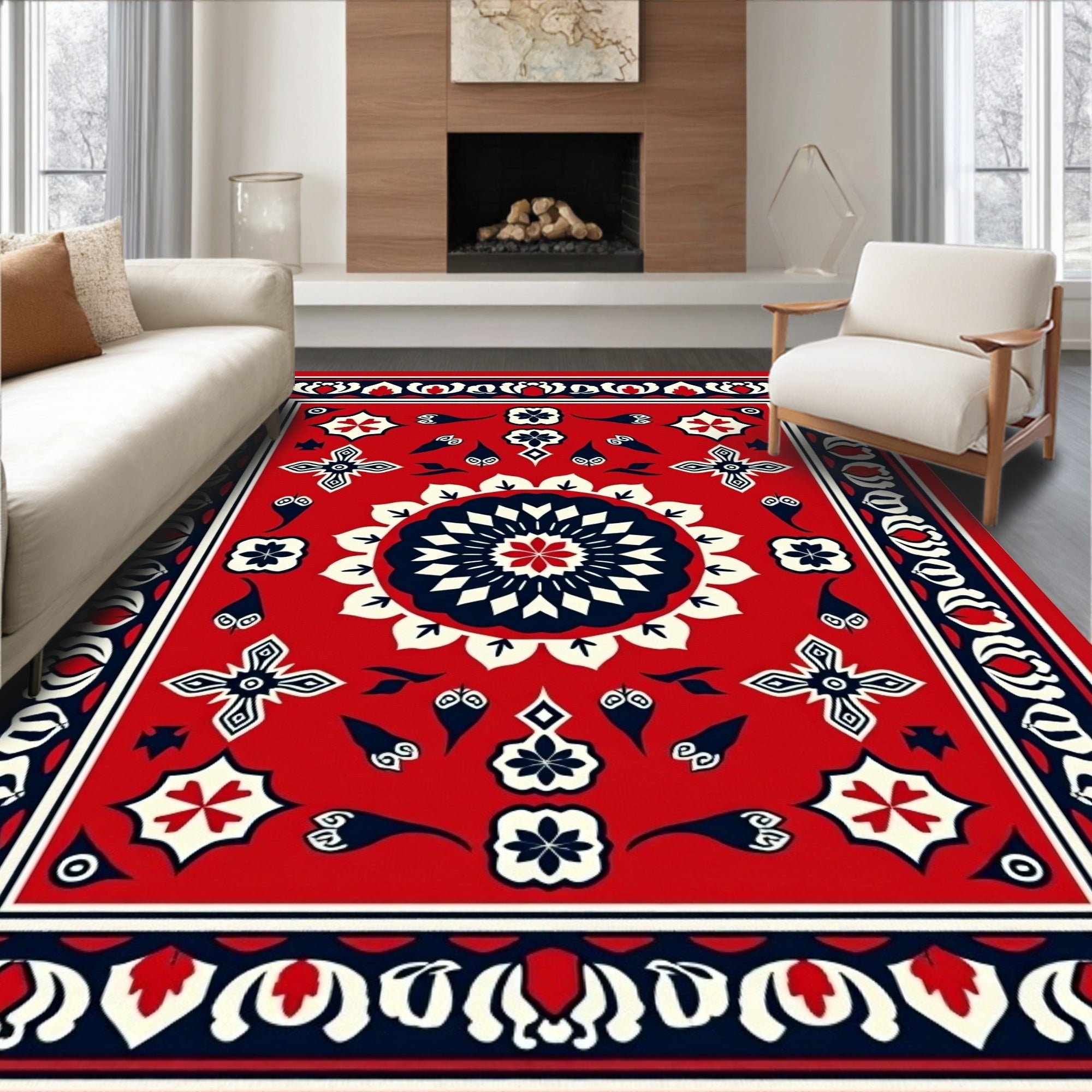 Crimson Navy White Medallion Motif Rug