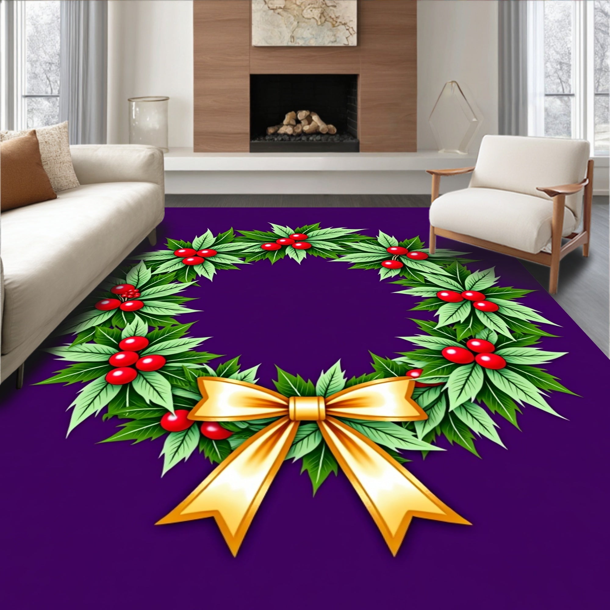 Green Holly Berry With Gold Bow Rug