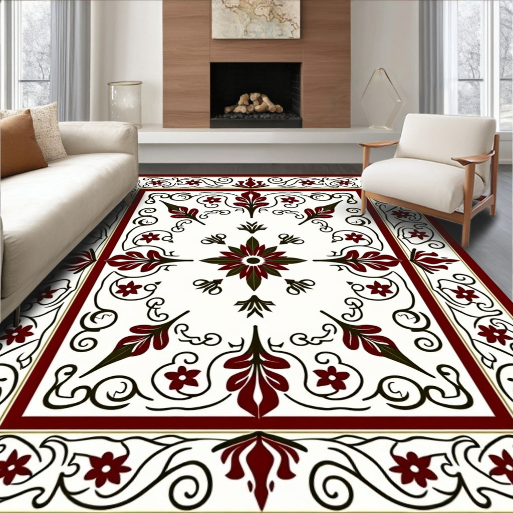 Deep Red Floral Vine Medallion Rug