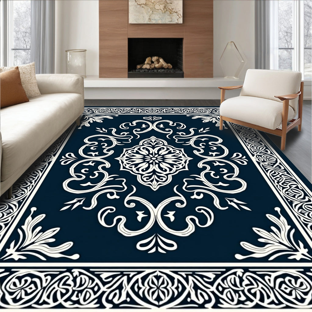 Dark Blue Cream Intricate Medallion Framing Rug