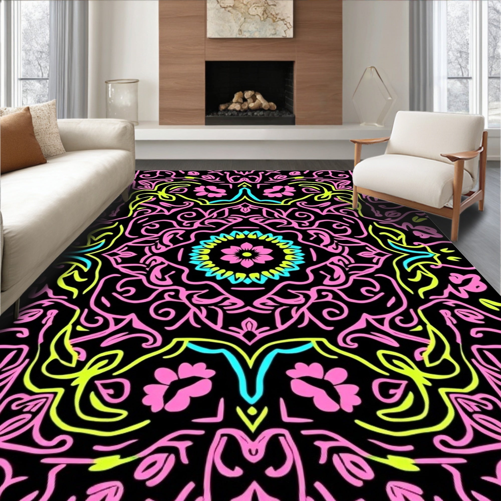 Vibrant Pink Cyan Neon Floral Medallion Rug