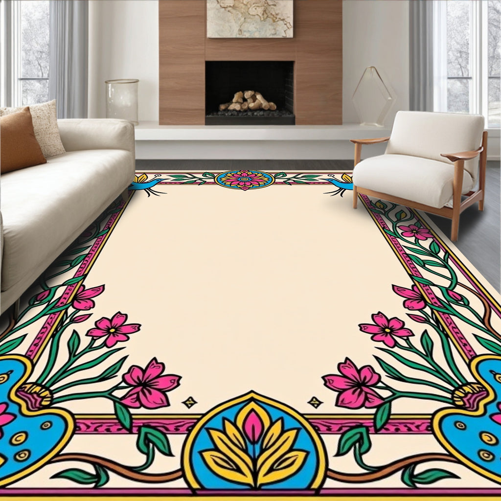 Vibrant Floral Bird Border Rug