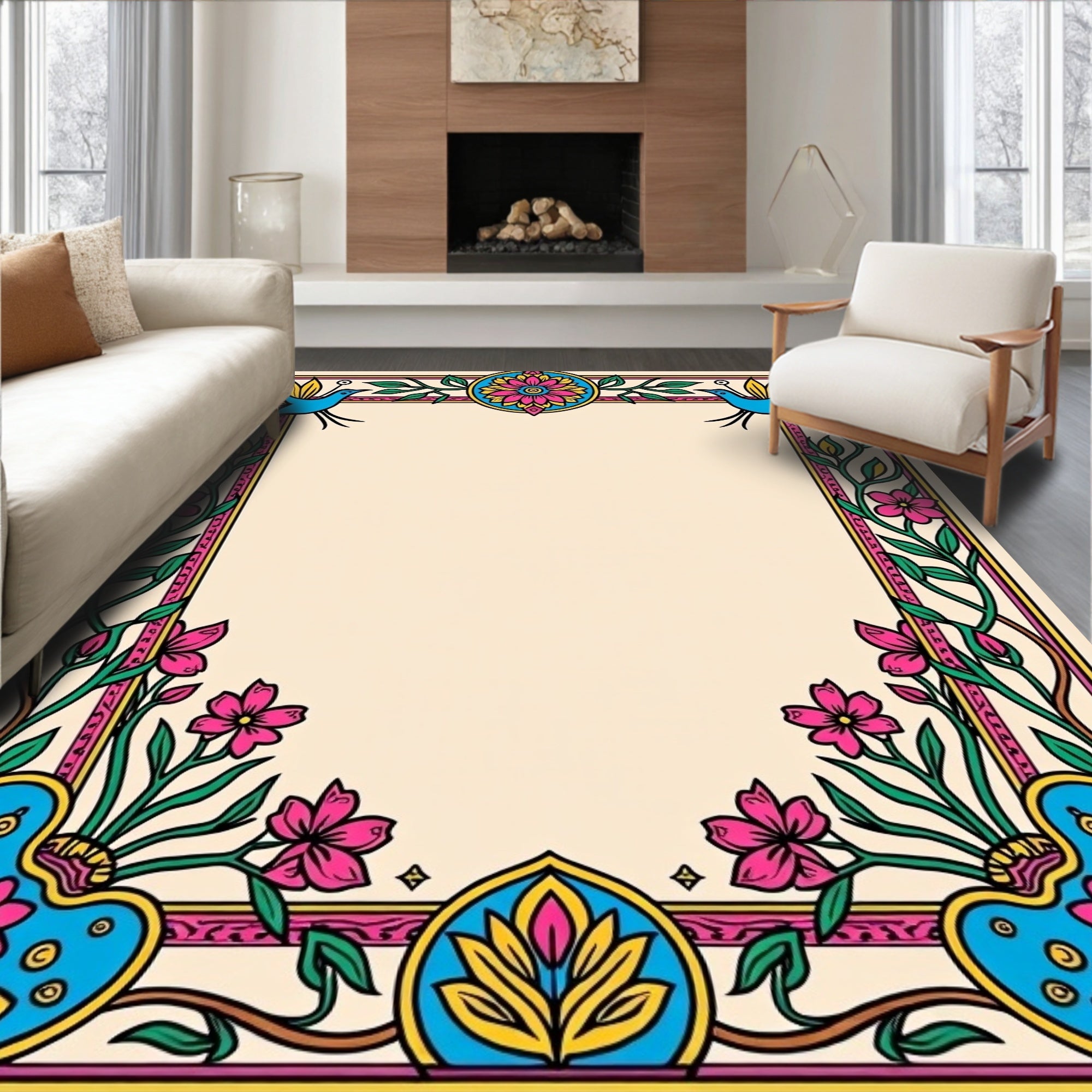 Vibrant Floral Bird Border Rug