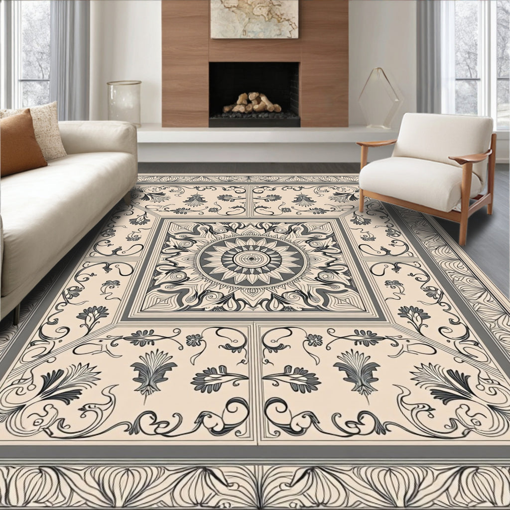 Ornate Beige and Gray Scroll Medallion Rug
