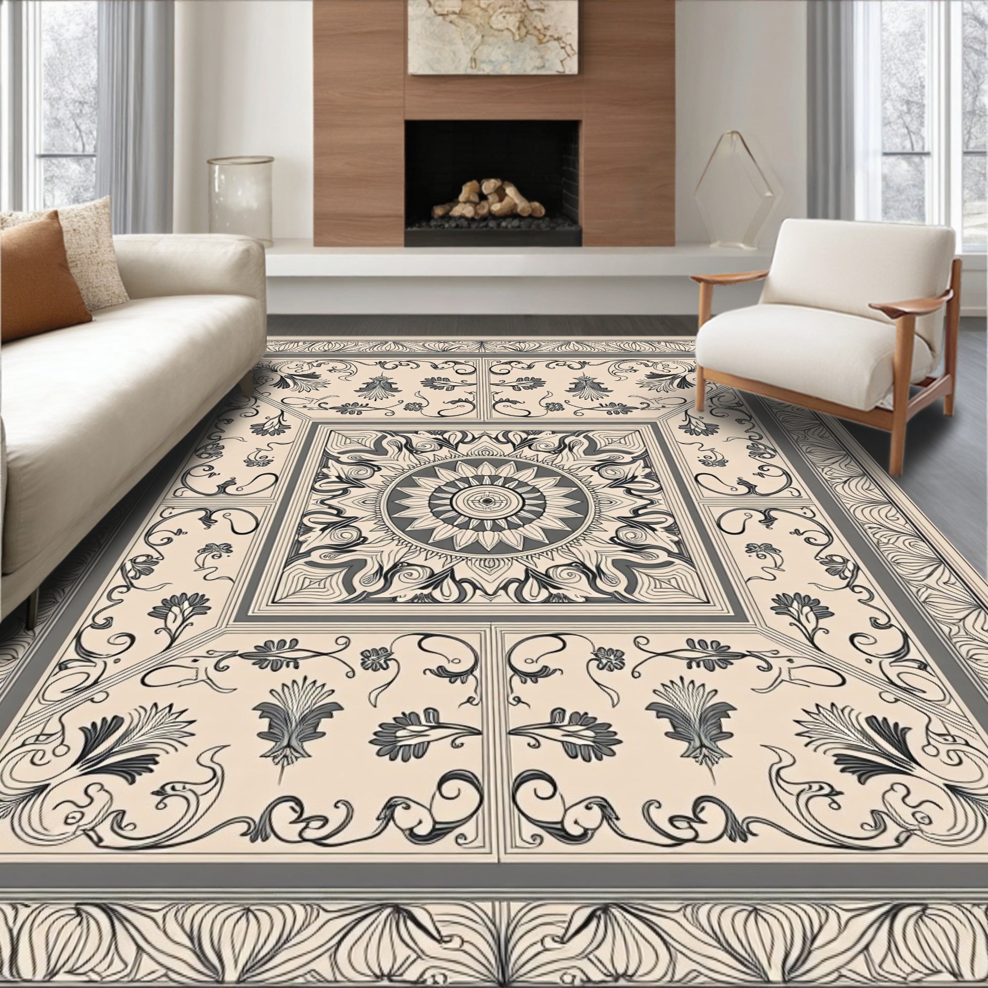 Ornate Beige and Gray Scroll Medallion Rug