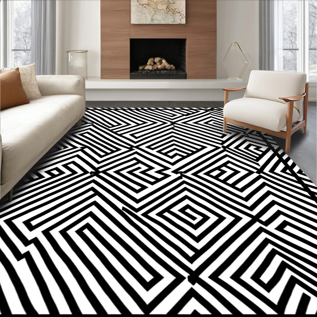 Geometric Black White Maze Rug