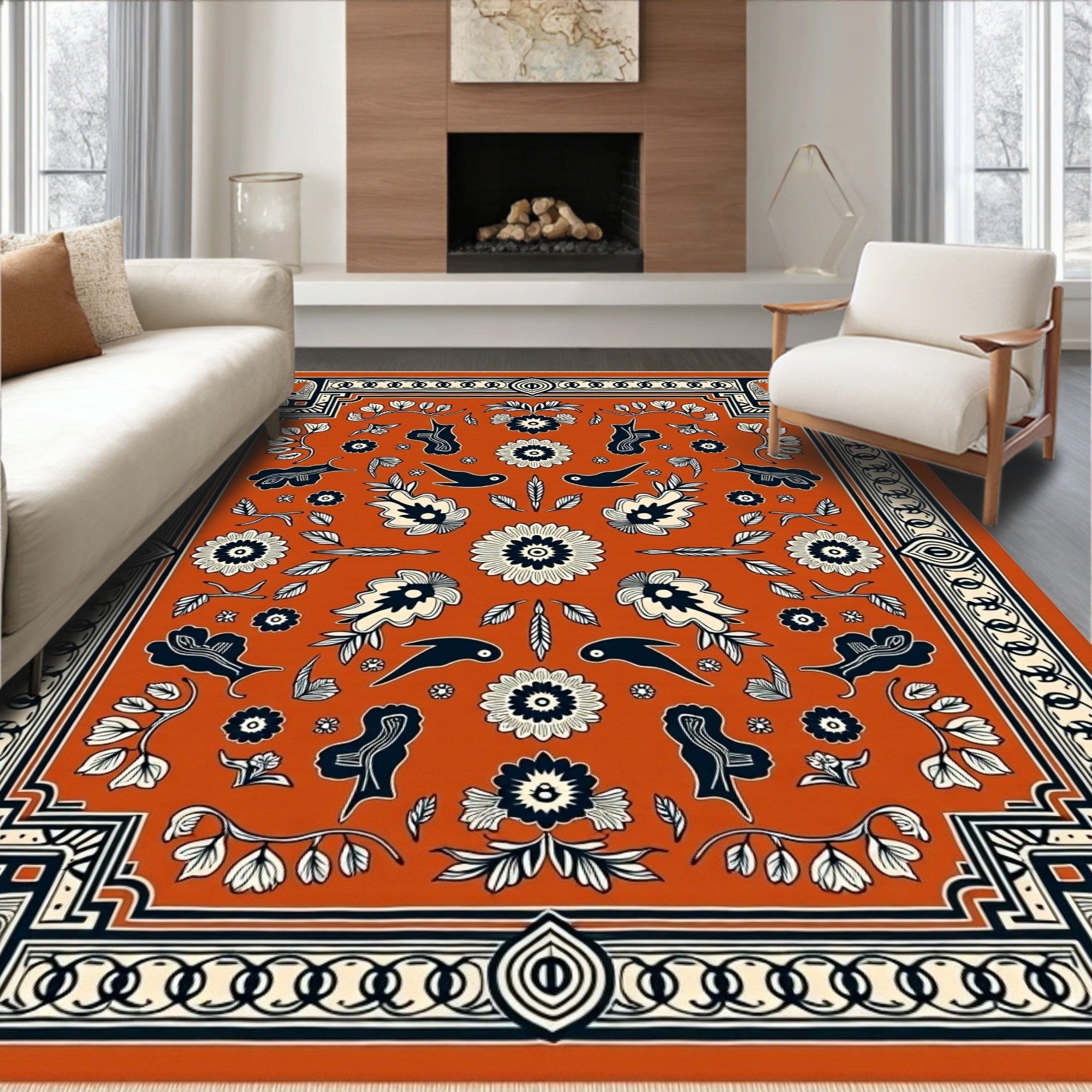 Terracotta Midnight Floral Bird Medallion Rug