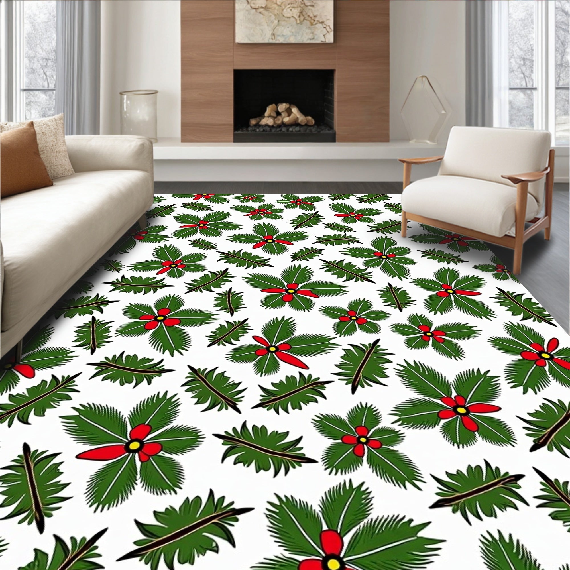 Green Holly Red Berry Christmas Rug