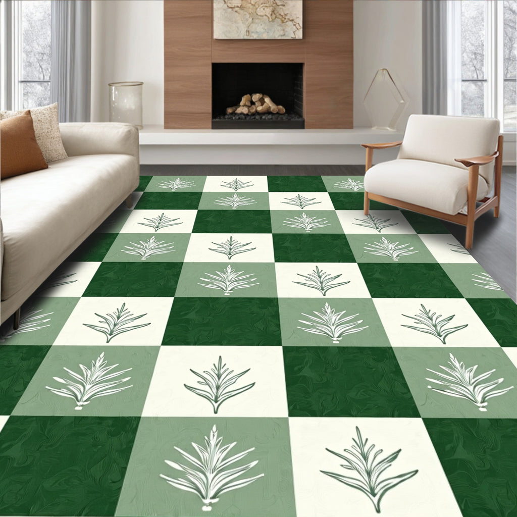 Forest Green Plaid Leaf Arrangement Rug