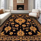 Golden Floral Medallion Black Graphic Rug
