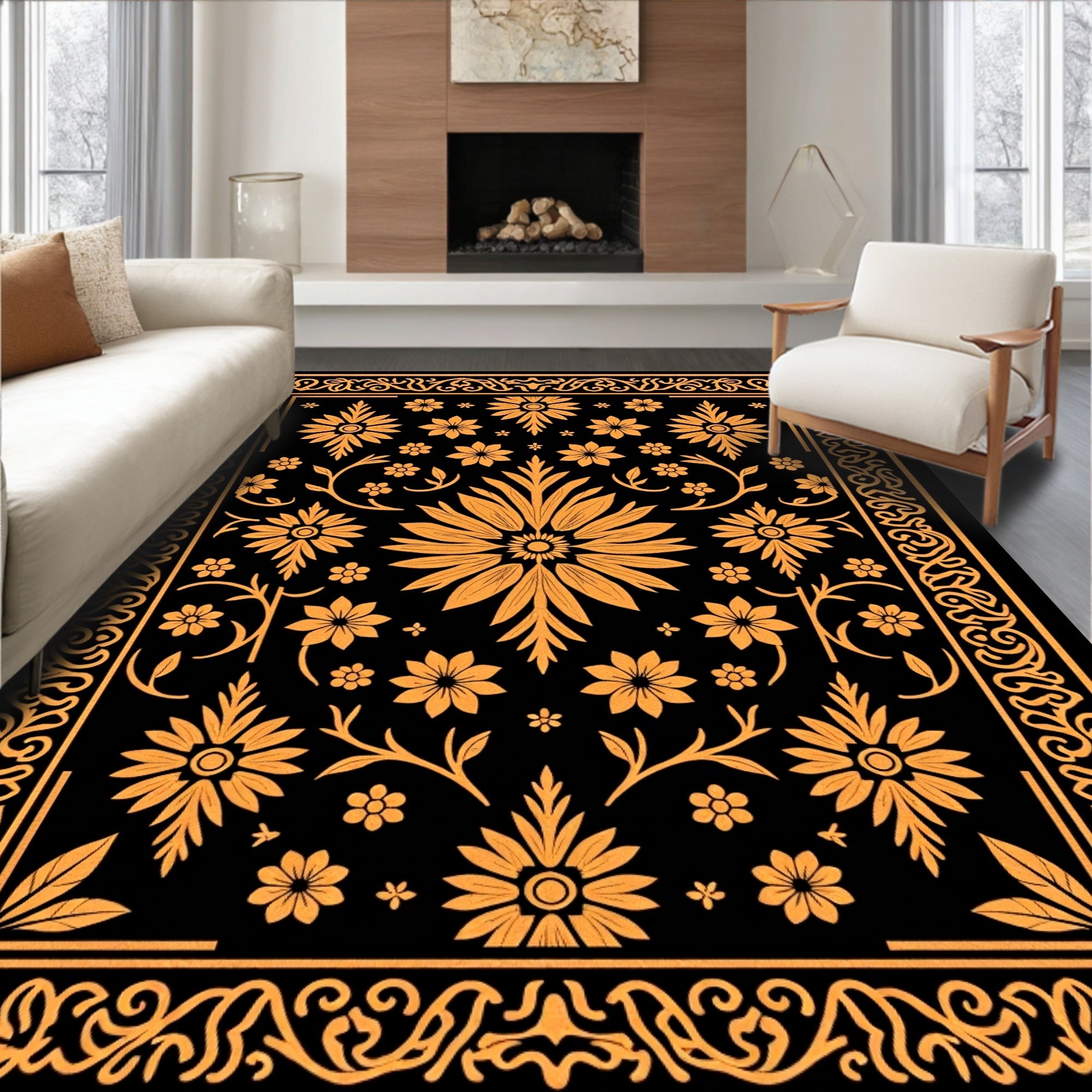 Golden Floral Medallion Black Graphic Rug