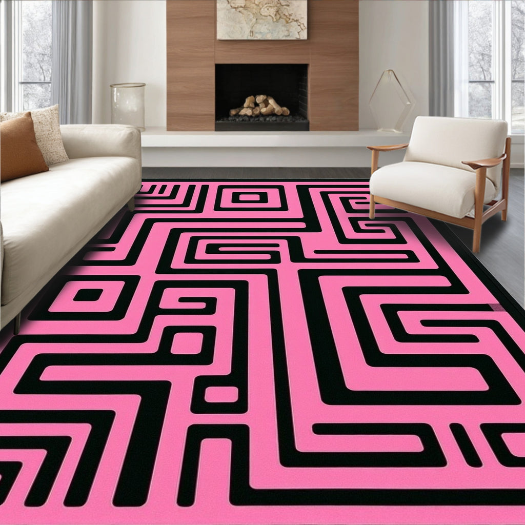 Pink Black Maze Geometric Design Rug