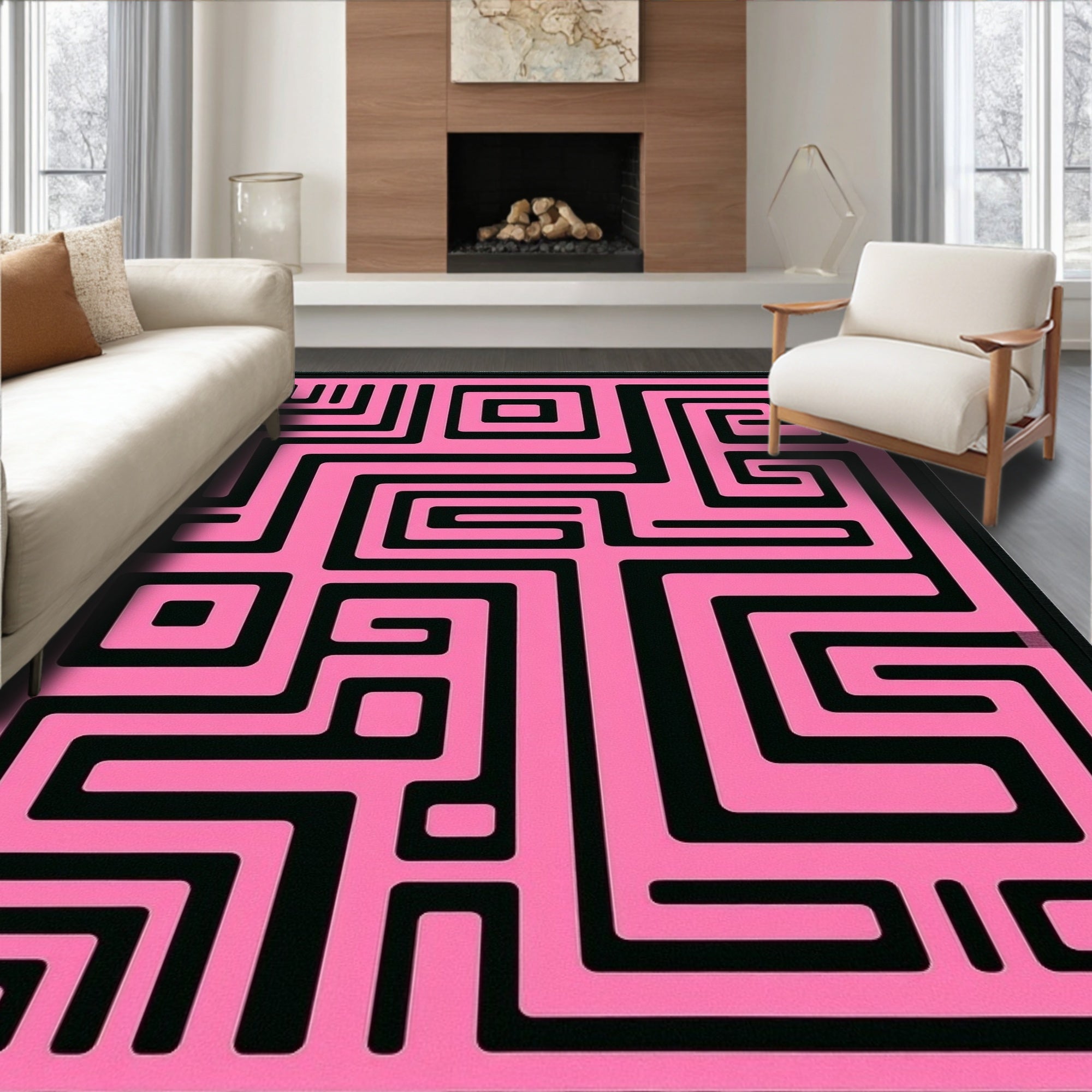 Pink Black Maze Geometric Design Rug