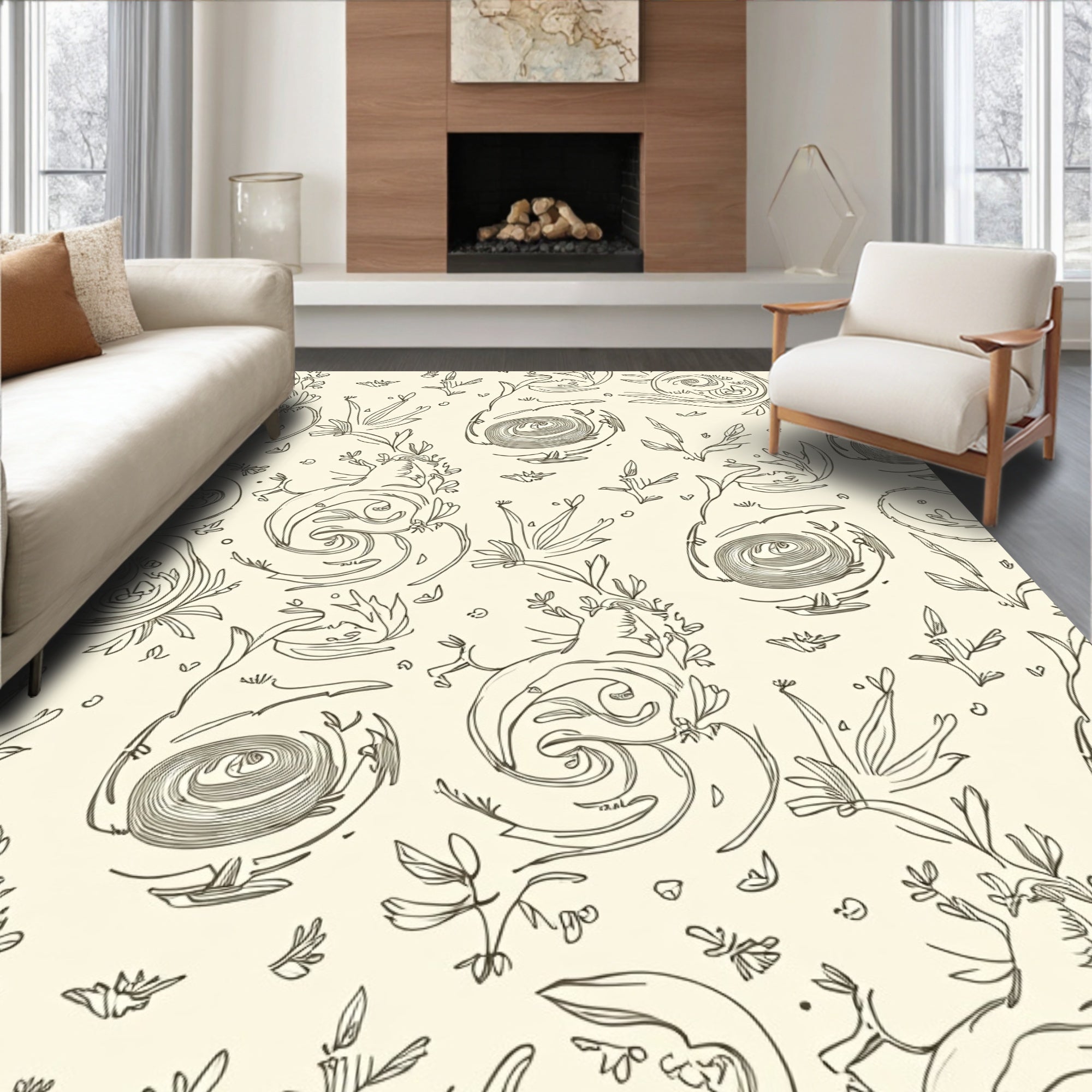 Cream Garden Swirl Botanical Sketch Rug