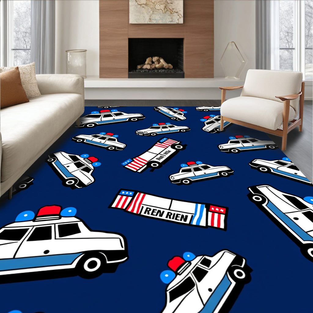 Whimsical Police Cars Blue Background Rug
