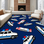 Whimsical Police Cars Blue Background Rug
