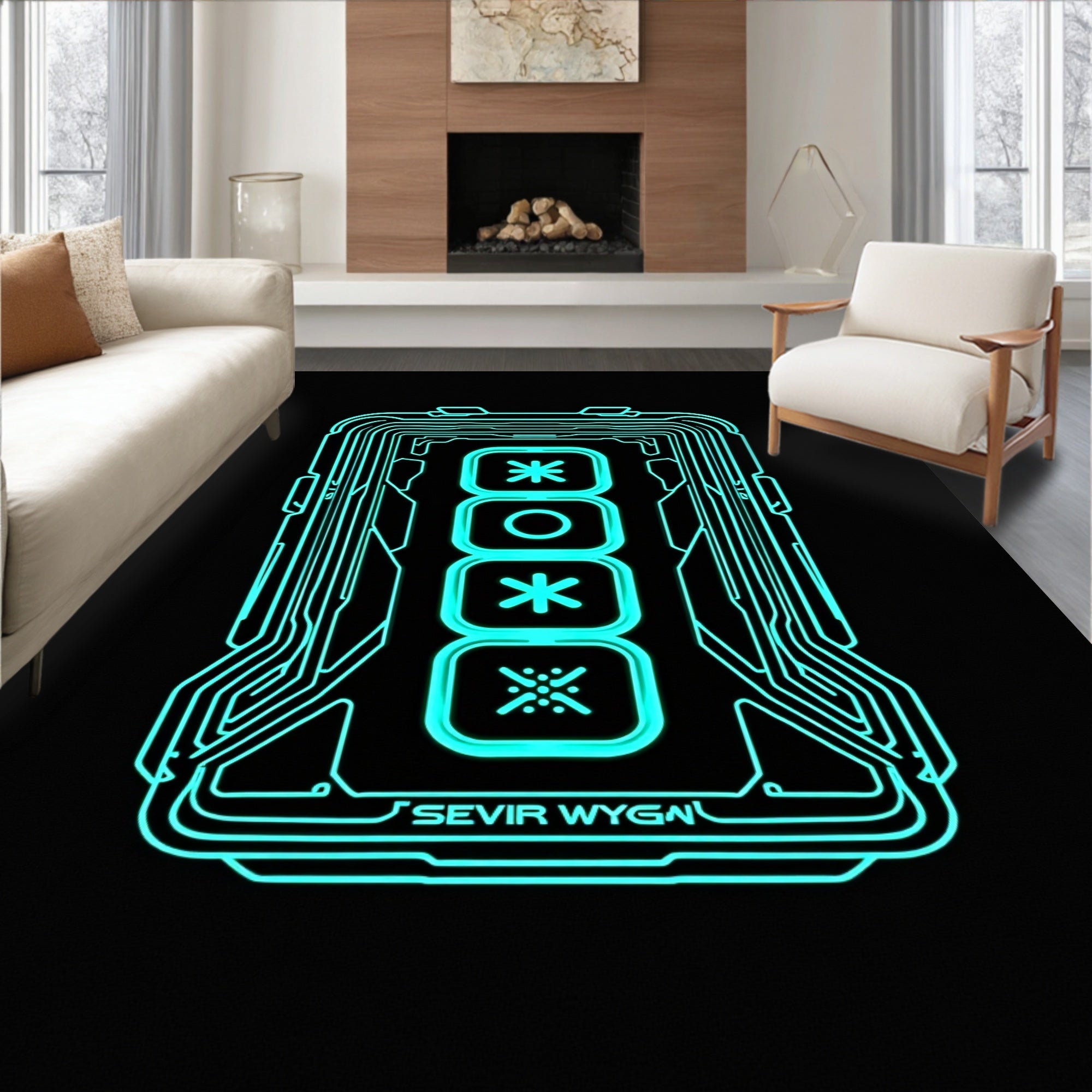 Neon Futuristic Digital Interface Symbols Rug