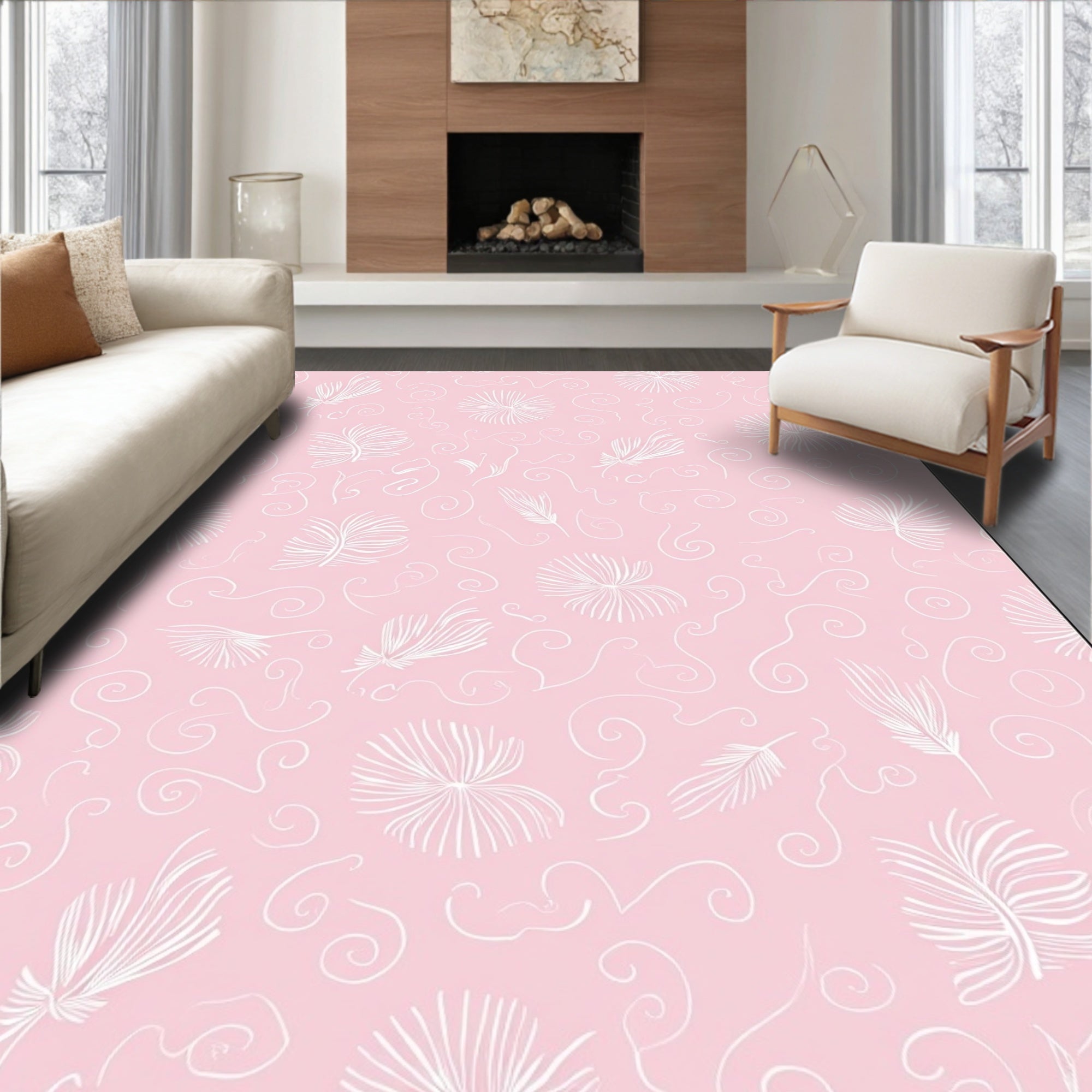 Soft Coral Feather Swirls Rug