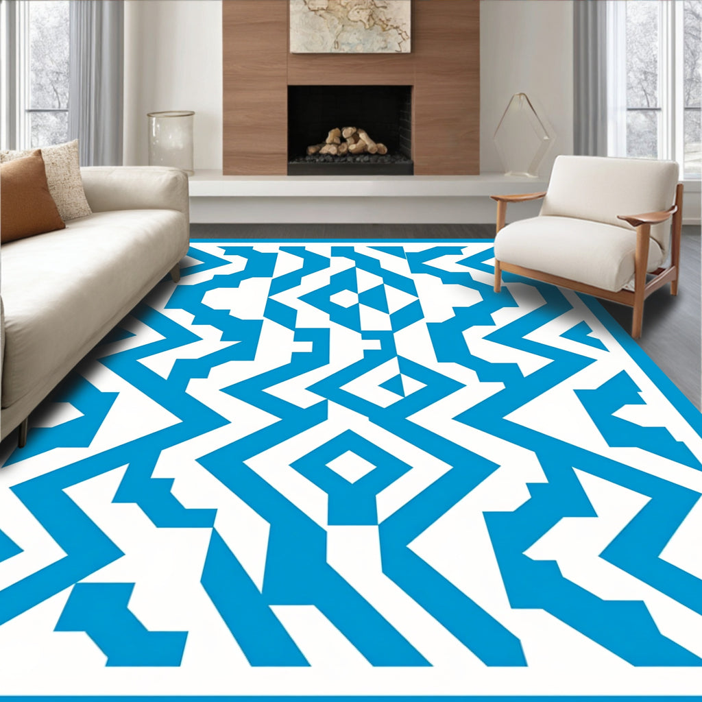 Bold Blue Interlocking Geometric Statement Rug
