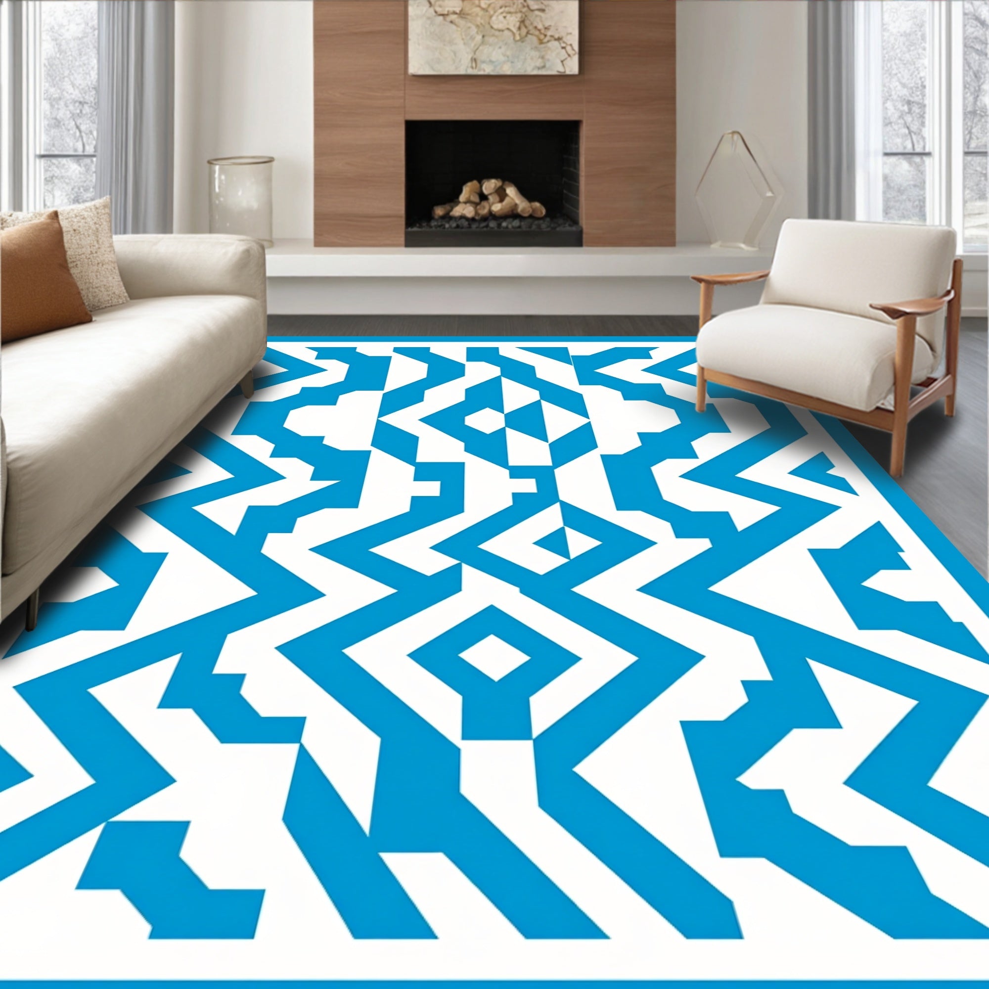 Bold Blue Interlocking Geometric Statement Rug