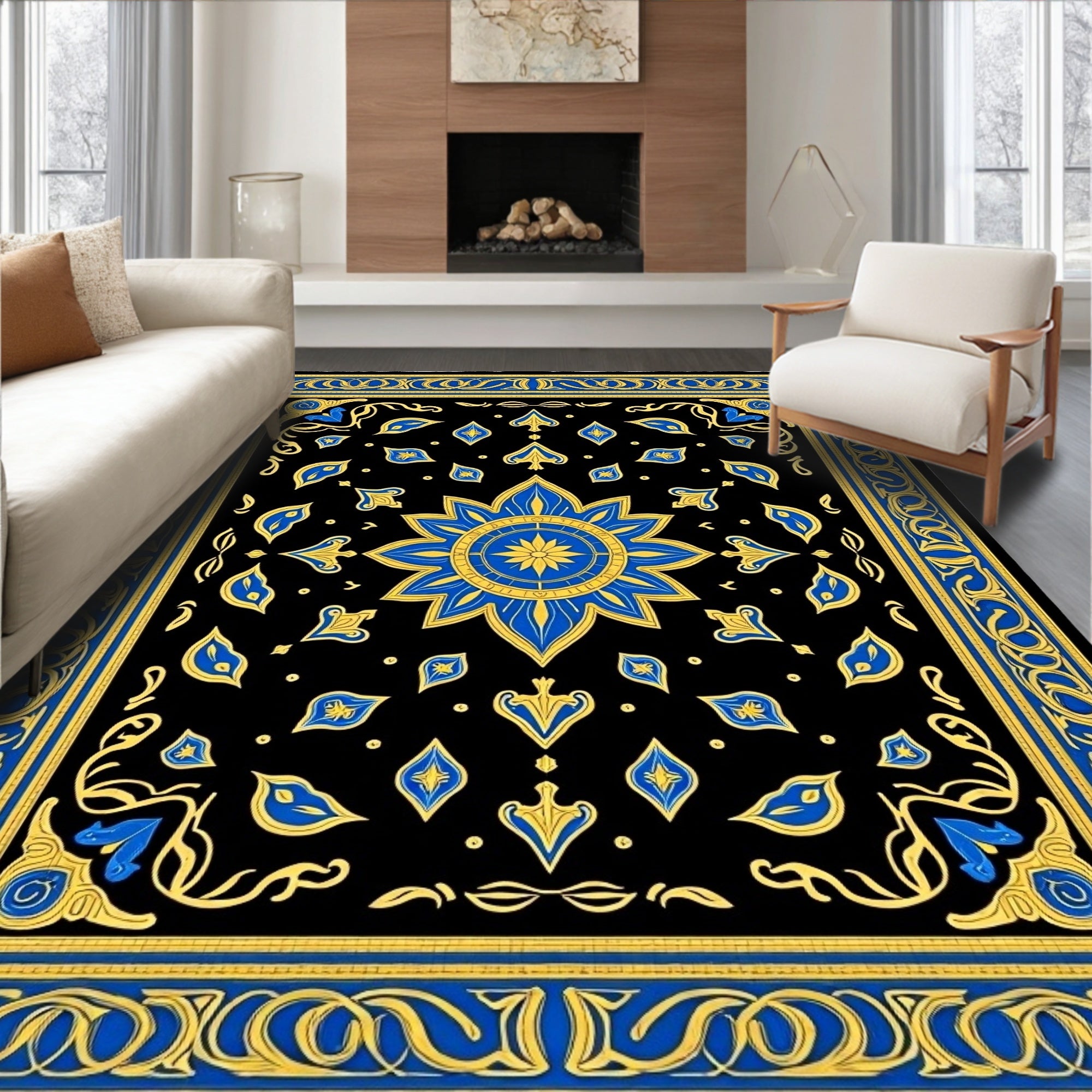 Ornate Blue and Gold Mandala Rug