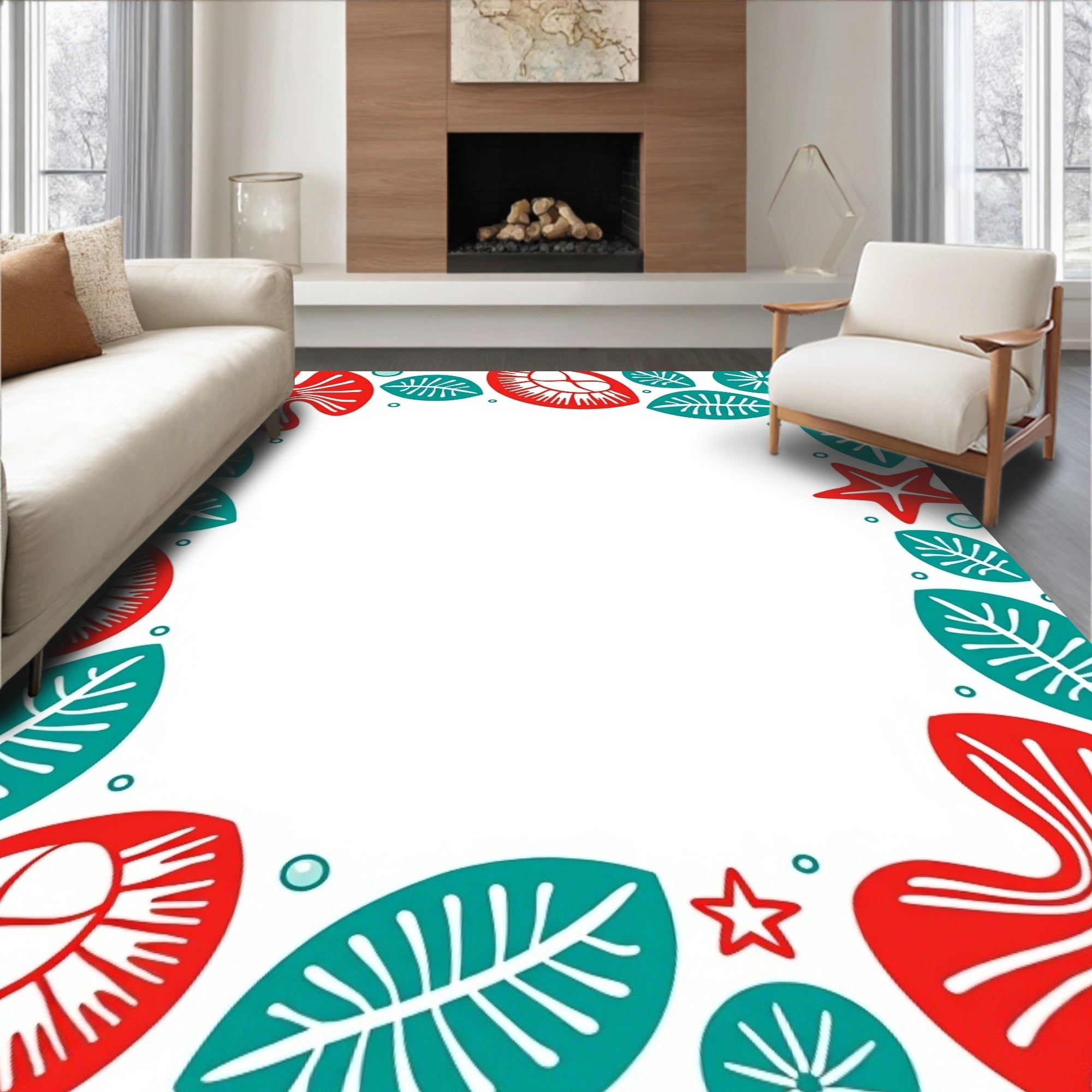 Coral Teal Abstract Floral Frame Rug