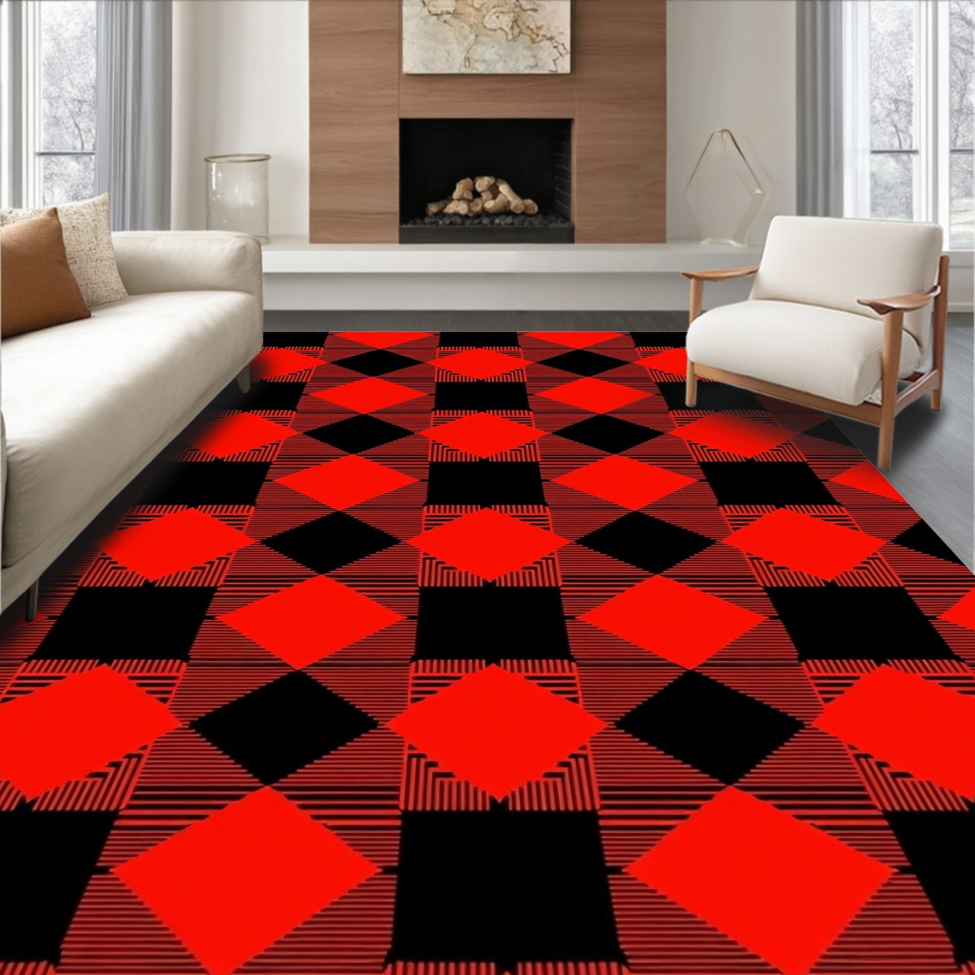 Bold Red Black Plaid Diamond Rug