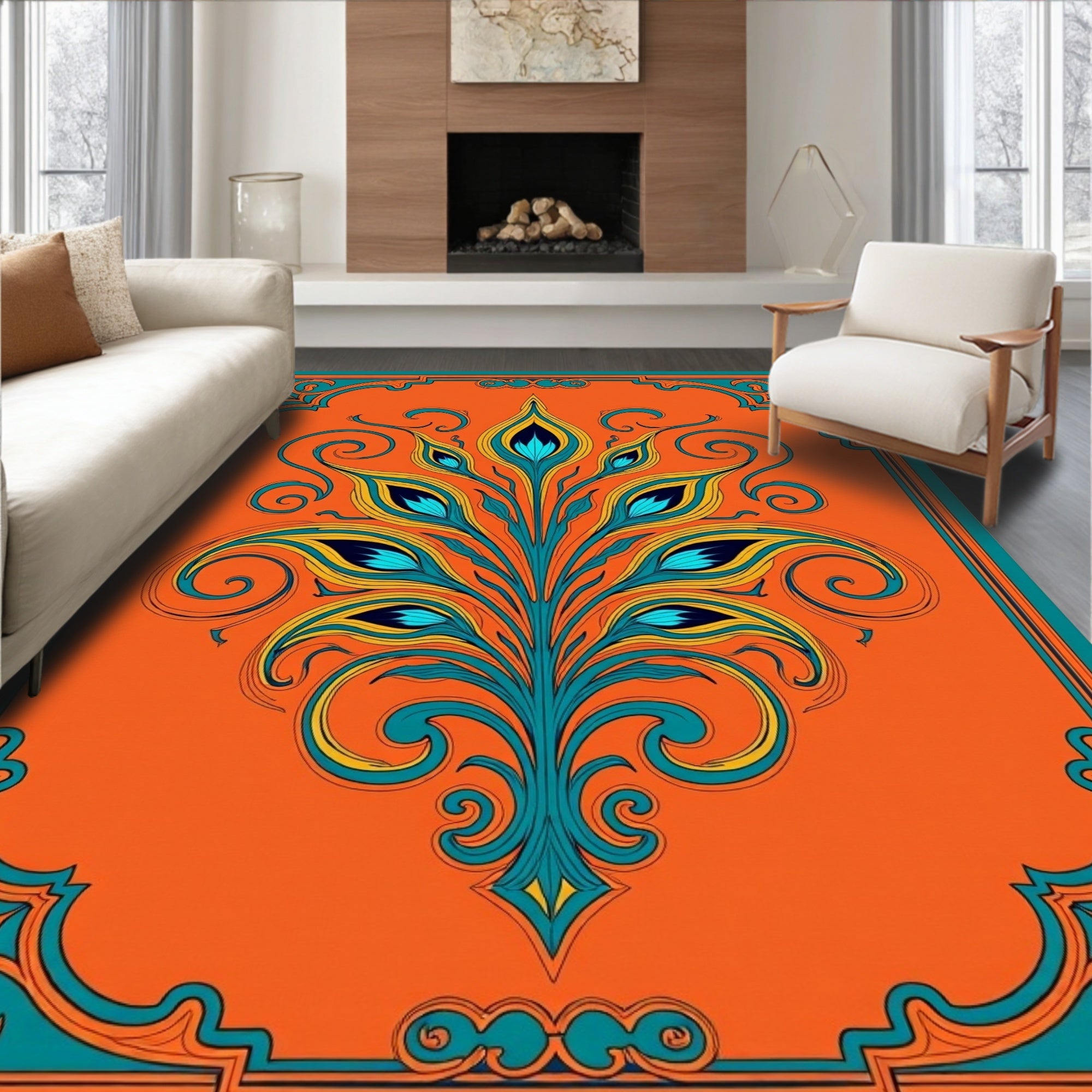 Vibrant Teal Peacock Feather Medallion Rug
