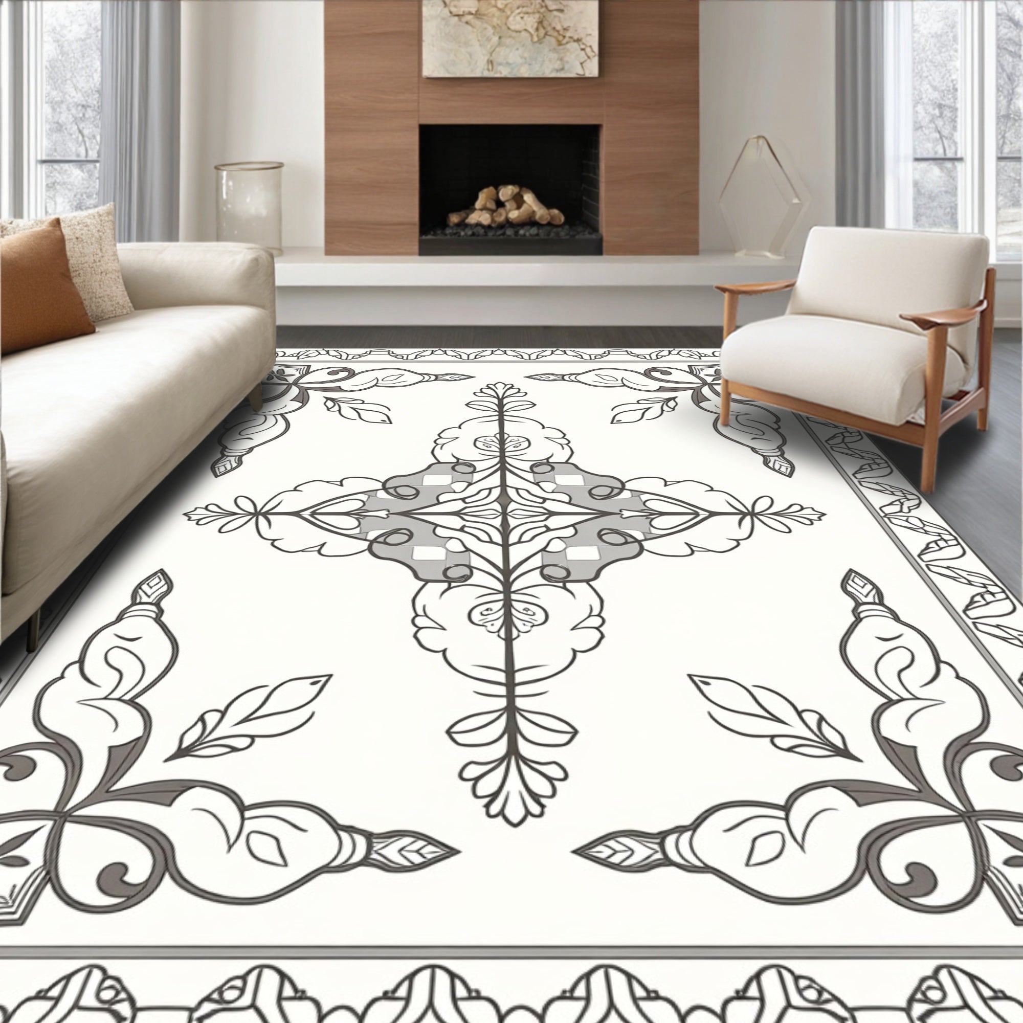 Monochromatic Floral Medallion Border Rug