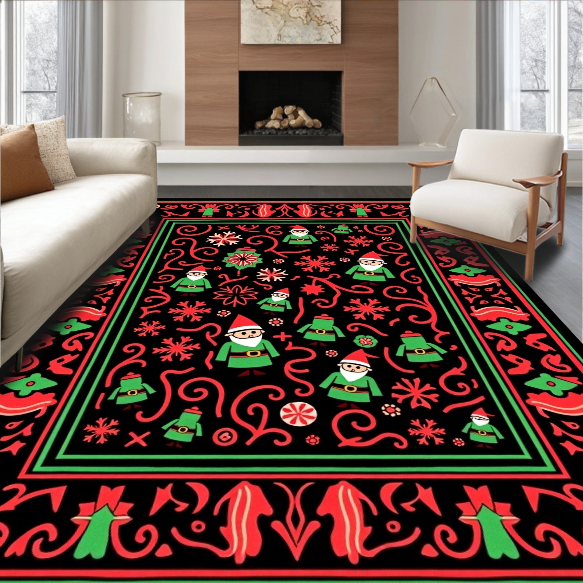 Festive Gnomes Red Green Border Rug