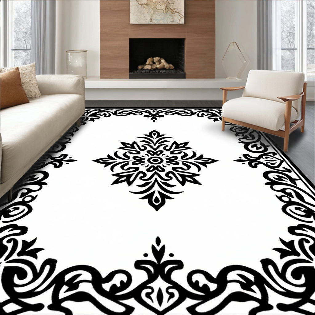 Black Ornamental Floral Scroll Border Rug