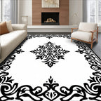 Black Ornamental Floral Scroll Border Rug