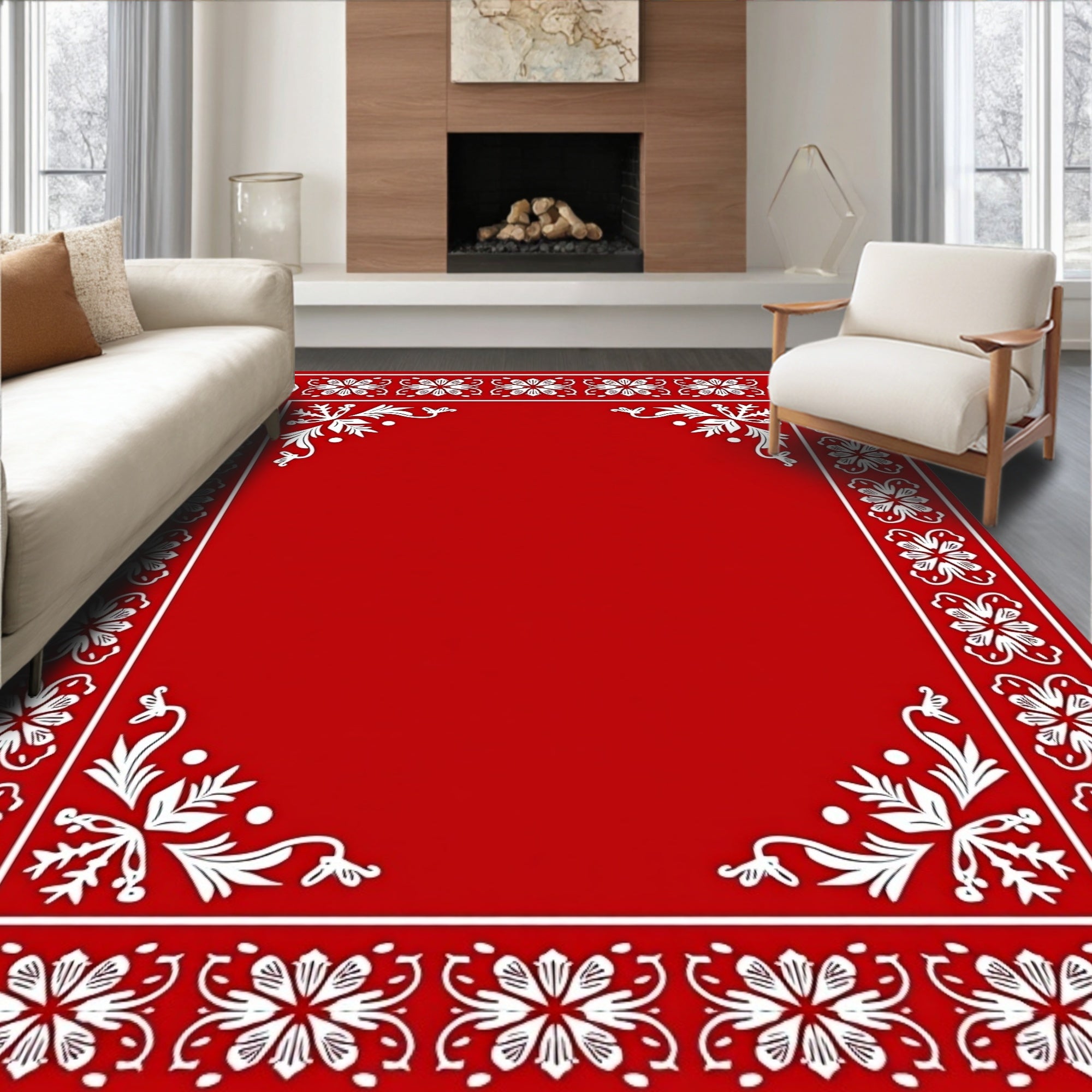 Crimson White Floral Scroll Border Rug