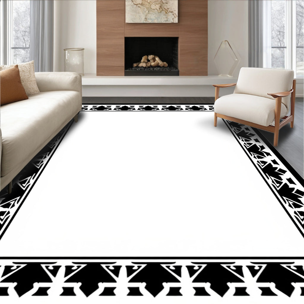 Black White Geometric Leaf Frame Rug